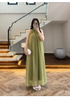 OLİVE YAKA BAĞCIKLI ELBİSE -4074