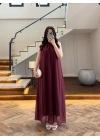 BORDO YAKA BAĞCIKLI ELBİSE -4074
