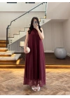 BORDO YAKA BAĞCIKLI ELBİSE -4074