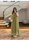 OLİVE YAKA BAĞCIKLI ELBİSE -4074