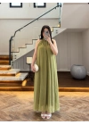 OLİVE YAKA BAĞCIKLI ELBİSE -4074