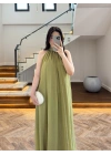 OLİVE YAKA BAĞCIKLI ELBİSE -4074