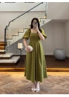 OLİVE YAKA TAŞ DETAY ELBİSE-4103
