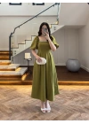OLİVE YAKA TAŞ DETAY ELBİSE-4103