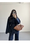 ÖNÜ DÜĞMELİ KUŞAKLI KOT CEKET TAKIM