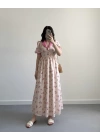 PEMBE ÇİÇEKLİ İNCİ DÜĞME ELBİSE