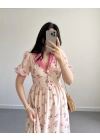 PEMBE ÇİÇEKLİ İNCİ DÜĞME ELBİSE