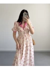 PEMBE ÇİÇEKLİ İNCİ DÜĞME ELBİSE
