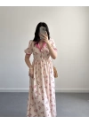 PEMBE ÇİÇEKLİ İNCİ DÜĞME ELBİSE