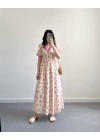PEMBE ÇİÇEKLİ İNCİ DÜĞME ELBİSE