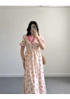 PEMBE ÇİÇEKLİ İNCİ DÜĞME ELBİSE