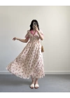 PEMBE ÇİÇEKLİ İNCİ DÜĞME ELBİSE