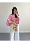 PEMBE İŞLEMELİ MÜSLİN KİMONO