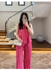 PEMBE KIRMIZI ÇİZGİLİ BLUZ PANTOLON TAKIM -4174