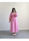 PEMBE KOLLARI NAKIŞLI MÜSLİN ELBİSE