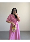 PEMBE KRUVAZE YAKA ELBİSE
