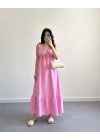 PEMBE MÜSLİN SIRT DEKOLTELİ ELBİSE