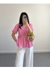 PEMBE ÖNDEN BÜZGÜLÜ YARIM KOL BLUZ