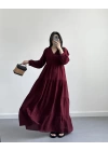PİELA BORDO TENSEL UZUN ELBİSE