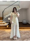 SARI ÇİÇEK DESENLİ ELBİSE