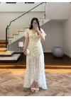 SARI ÇİÇEK DESENLİ ELBİSE