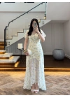 SARI ÇİÇEK DESENLİ ELBİSE