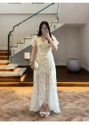 SARI ÇİÇEK DESENLİ ELBİSE