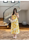 SARI ÇİÇEKLİ MİDİ ELBİSE -4222