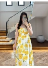 SARI ÇİÇEKLİ MİDİ ELBİSE -4222