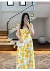 SARI ÇİÇEKLİ MİDİ ELBİSE -4222