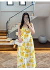 SARI ÇİÇEKLİ MİDİ ELBİSE -4222