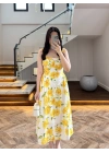 SARI ÇİÇEKLİ MİDİ ELBİSE -4222