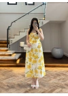 SARI ÇİÇEKLİ MİDİ ELBİSE -4222