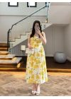 SARI ÇİÇEKLİ MİDİ ELBİSE -4222