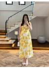 SARI ÇİÇEKLİ MİDİ ELBİSE -4222