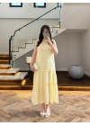 SARI GÜPÜR DETAY KAT KAT ELBİSE-9614