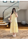 SARI GÜPÜR DETAY KAT KAT ELBİSE-9614