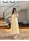 SARI GÜPÜR DETAY KAT KAT ELBİSE-9614