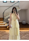 SARI KEMERLİ KAT KAT ELBİSE -4098
