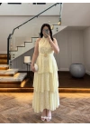 SARI KEMERLİ KAT KAT ELBİSE -4098