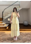 SARI KEMERLİ KAT KAT ELBİSE -4098