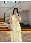 SARI KEMERLİ KAT KAT ELBİSE -4098
