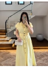 SARI ÖNÜ DÜĞMELİ KEMERLİ ELBİSE -3976