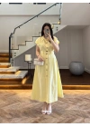 SARI ÖNÜ DÜĞMELİ KEMERLİ ELBİSE -3976