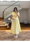 SARI ÖNÜ DÜĞMELİ KEMERLİ ELBİSE -3976