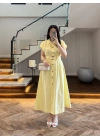 SARI ÖNÜ DÜĞMELİ KEMERLİ ELBİSE -3976