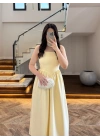 (ÖN SİPARİŞ )SARI TAŞLI KUŞAKLI ELBİSE -3970