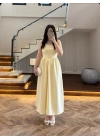 (ÖN SİPARİŞ )SARI TAŞLI KUŞAKLI ELBİSE -3970