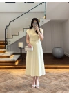 SARI TENSEL CEPLİ KEMERLİ ELBİSE -3440