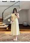 SARI TENSEL CEPLİ KEMERLİ ELBİSE -3440